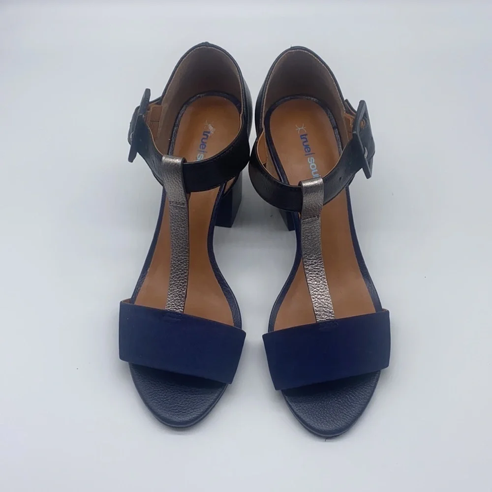 True Soul - Blue Suede And Black and Silver Leather Open Toe Heels Size 7